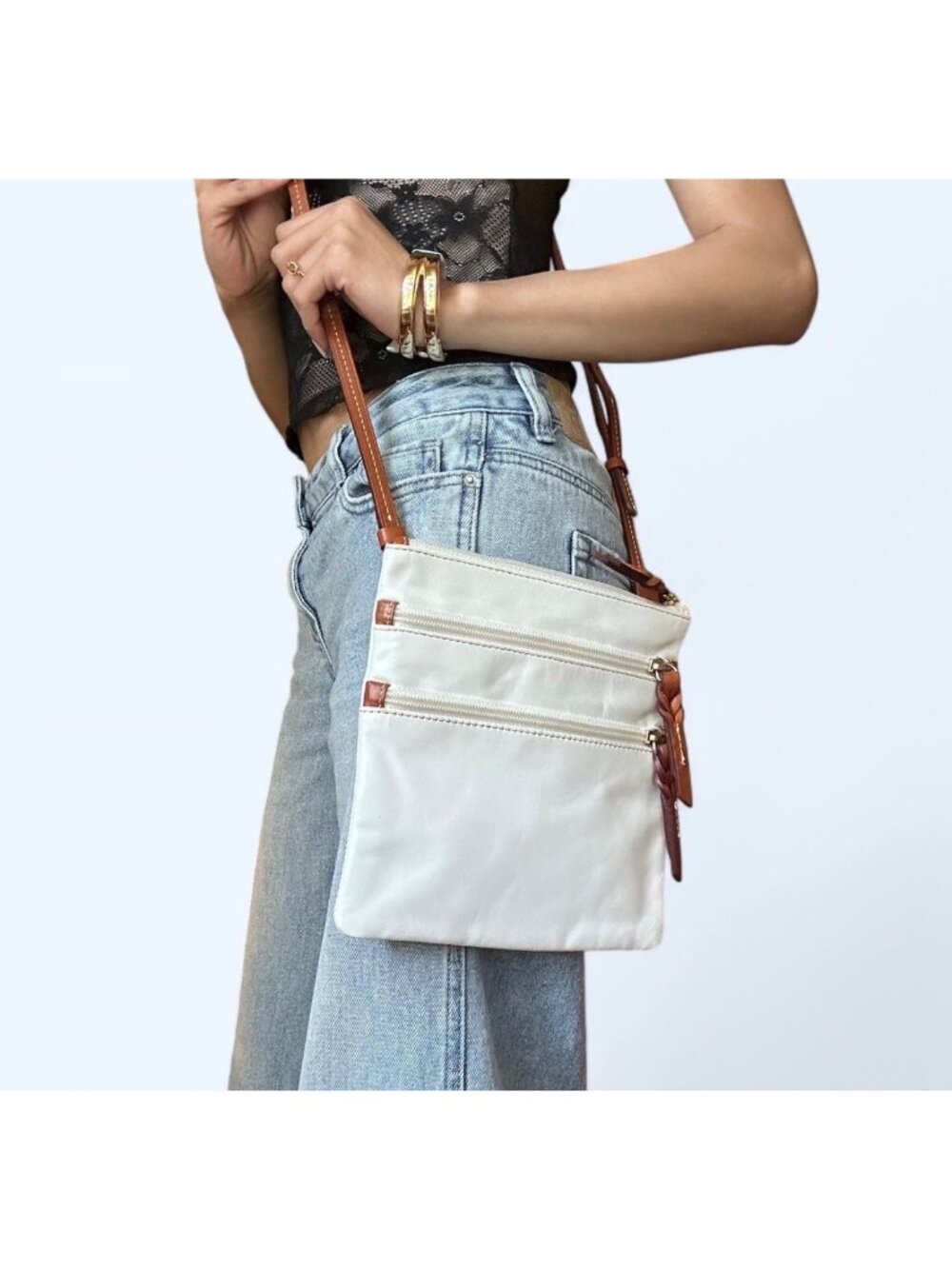 White Crossbody Bag With Braided Leather Straps & Red Interior -Adjustable Strap - Picture 11 of 16